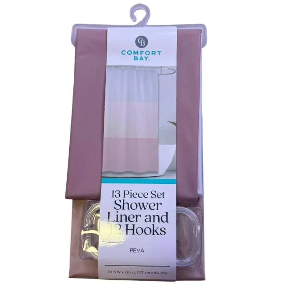 Comfort Bay 13 Pc Shower Liner Set Pink Color Block 72x72 PEVA w/ 12 Hooks